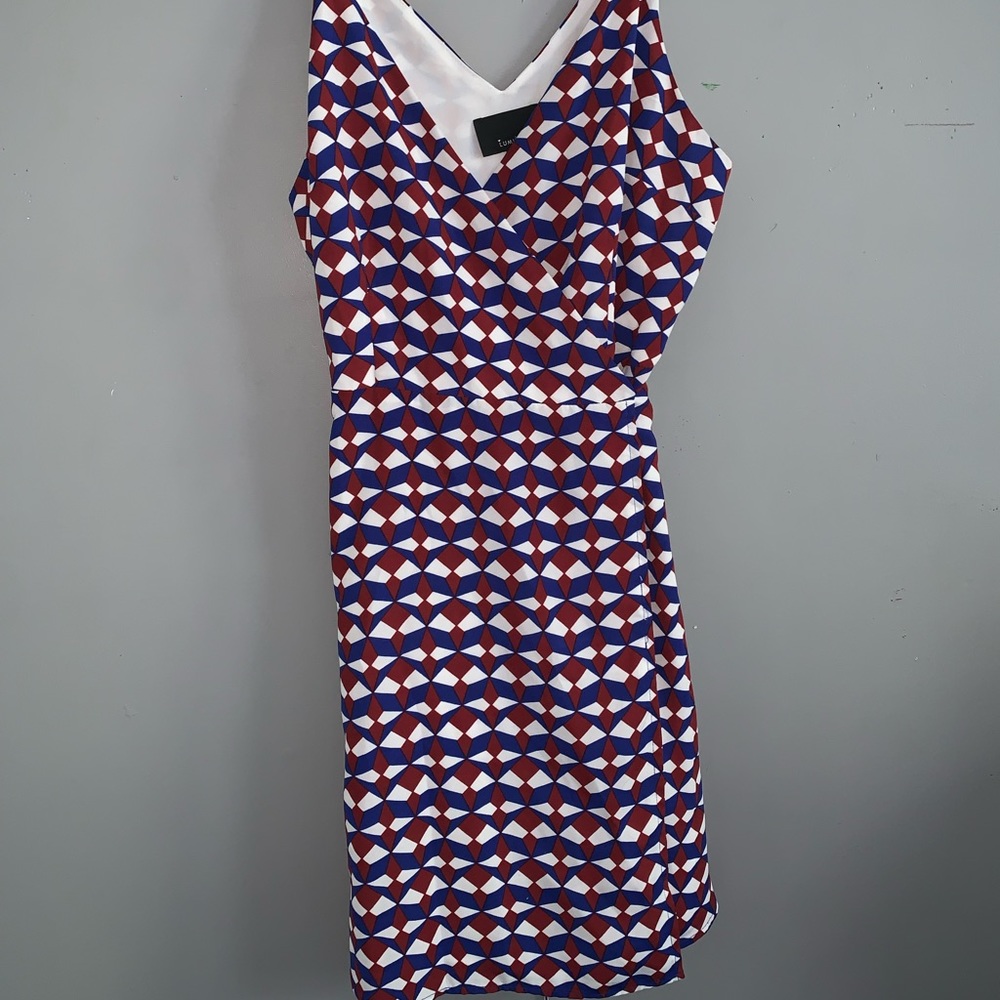 LUMIERE RED WHITE BLUE PATTERN WRAP MIDI DRESS